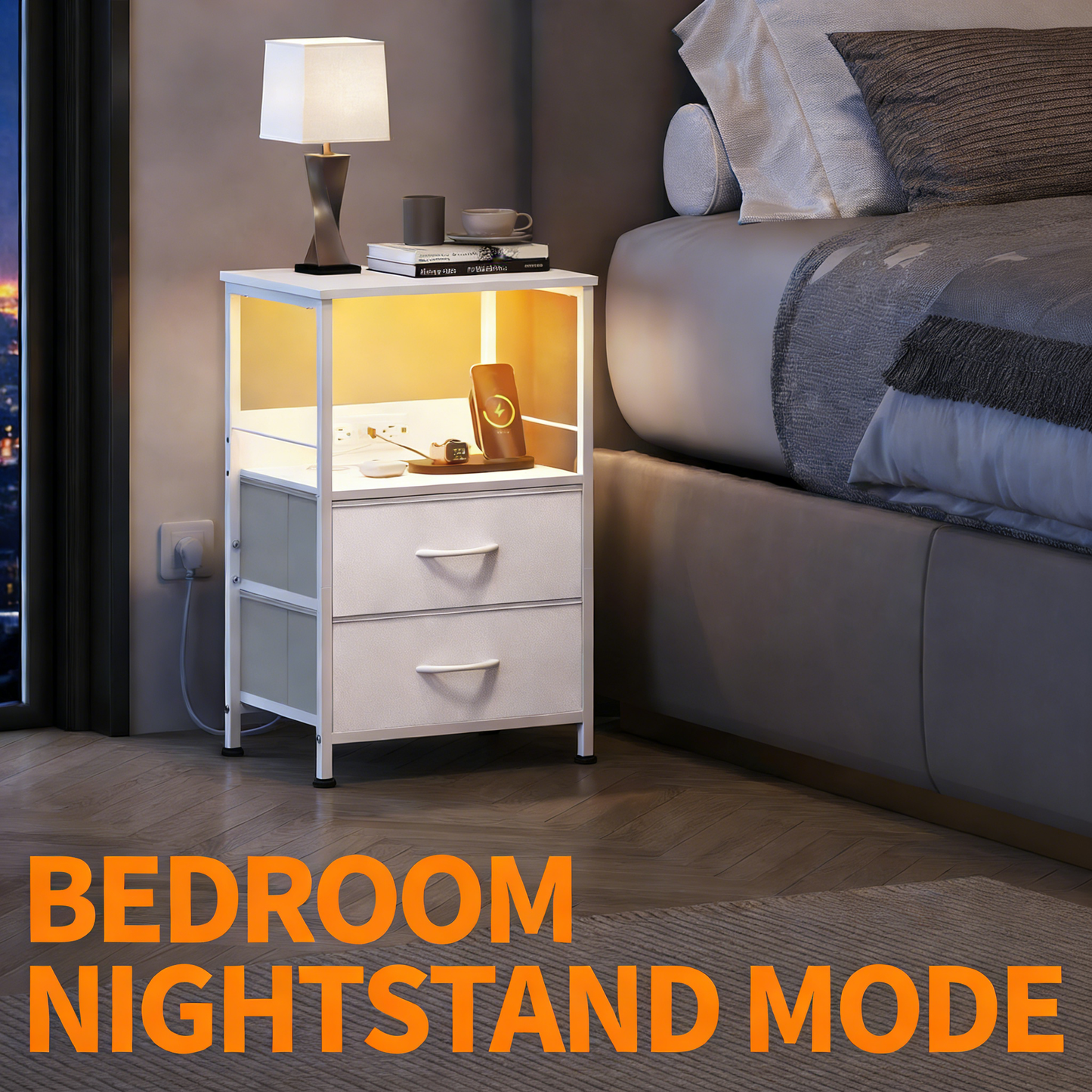 LED Nightstand with Wireless Charging & Power Outlets – 2 Fabric Drawers