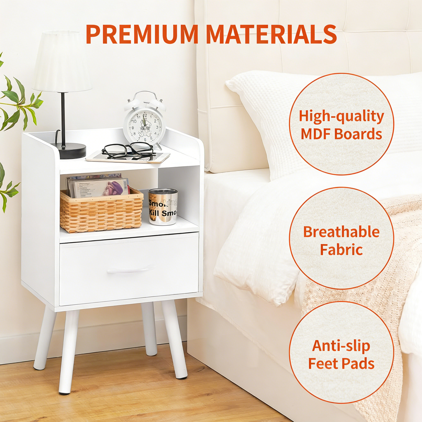 Modern Minimalist White Nightstand with Drawer & Open Shelves