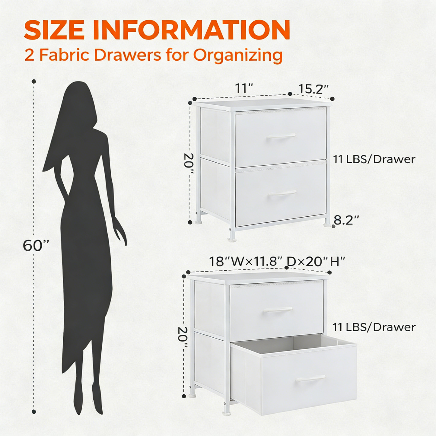 2-Drawer Fabric Storage Nightstand with Adjustable Feet & Waterproof Surface