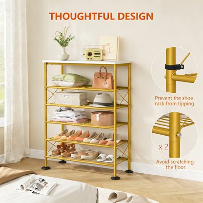 6-Tier Gold Metal Shoe Rack with Wooden Top for Entryway