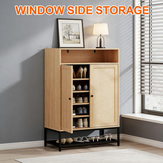 Rattan Door Shoe Storage Cabinet with Adjustable Shelves