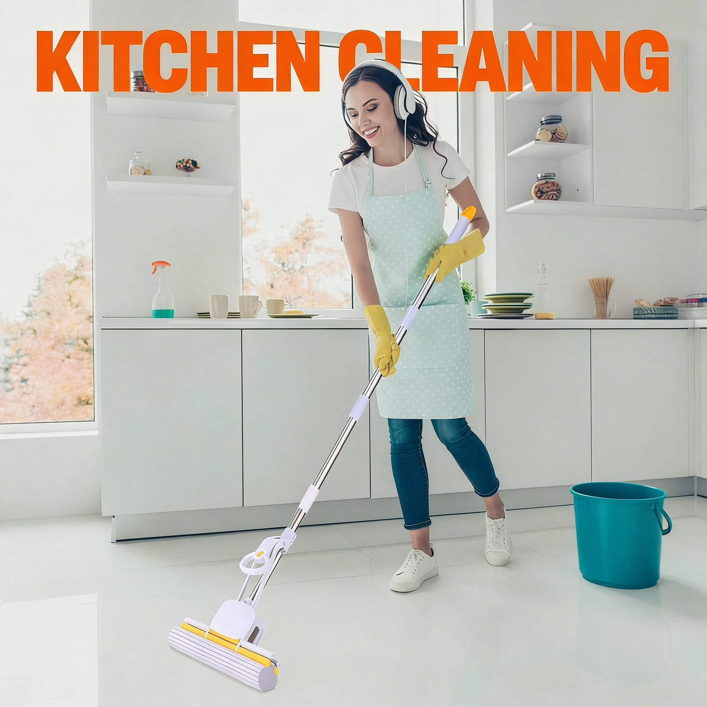 Double Roller Squeegee Mop with Adjustable Height & Super Absorbent PVA Head