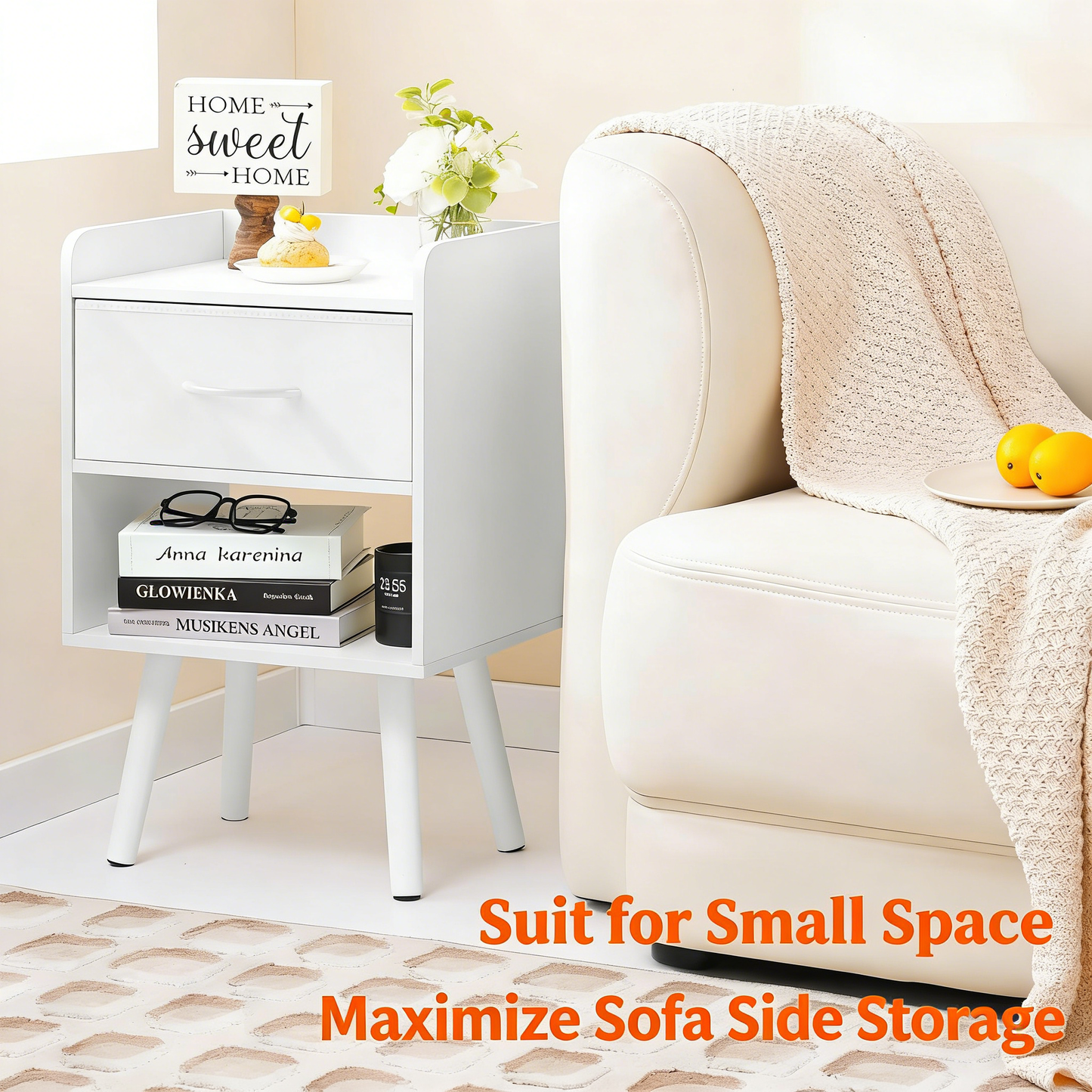 Modern Minimalist White Nightstand with Drawer & Open Shelves