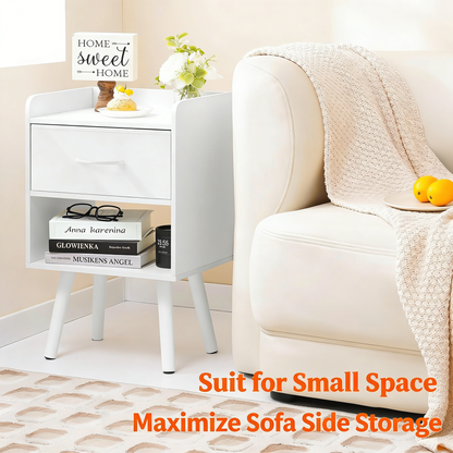 Modern Minimalist White Nightstand with Drawer & Open Shelves