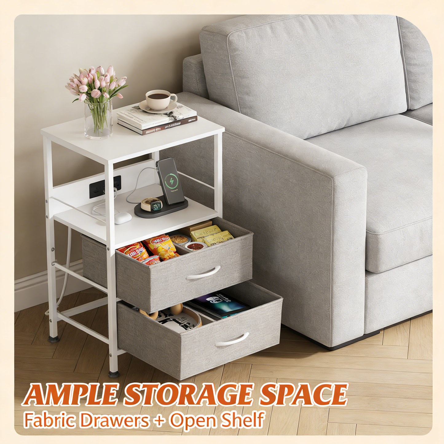 LED Nightstand with Wireless Charging & Power Outlets – 2 Fabric Drawers