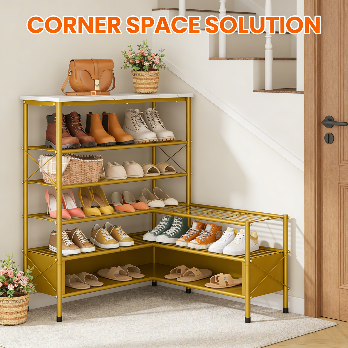 6-Tier Gold Metal Shoe Rack with Wooden Top for Entryway