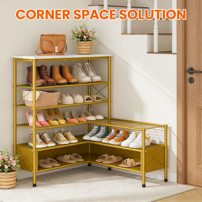 6-Tier Gold Metal Shoe Rack with Wooden Top for Entryway
