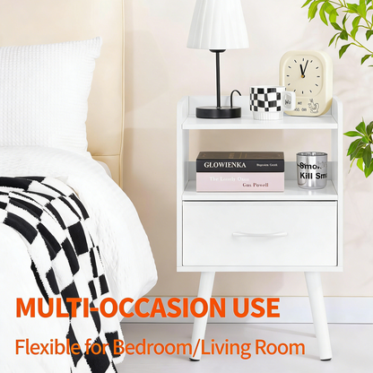Modern Minimalist White Nightstand with Drawer & Open Shelves
