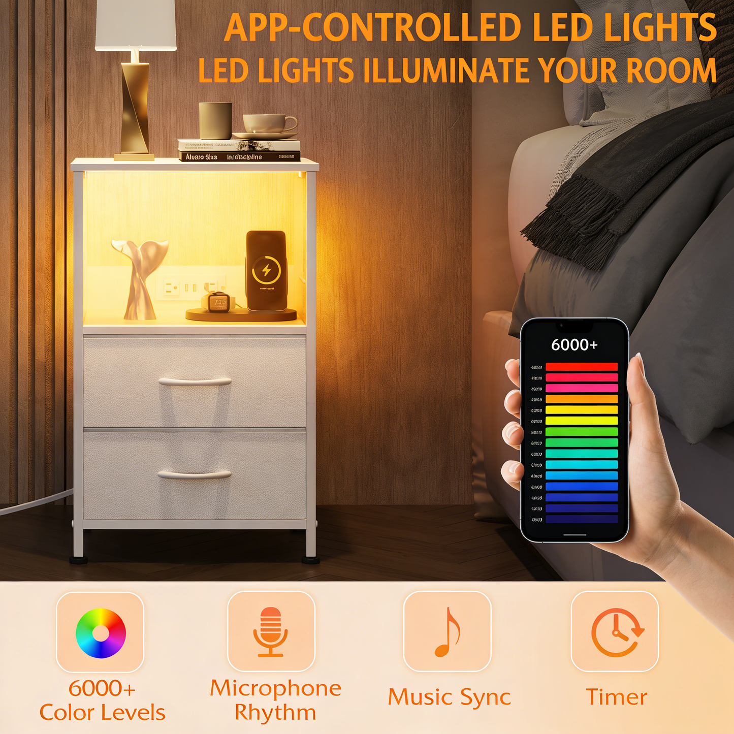 LED Nightstand with Wireless Charging & Power Outlets – 2 Fabric Drawers