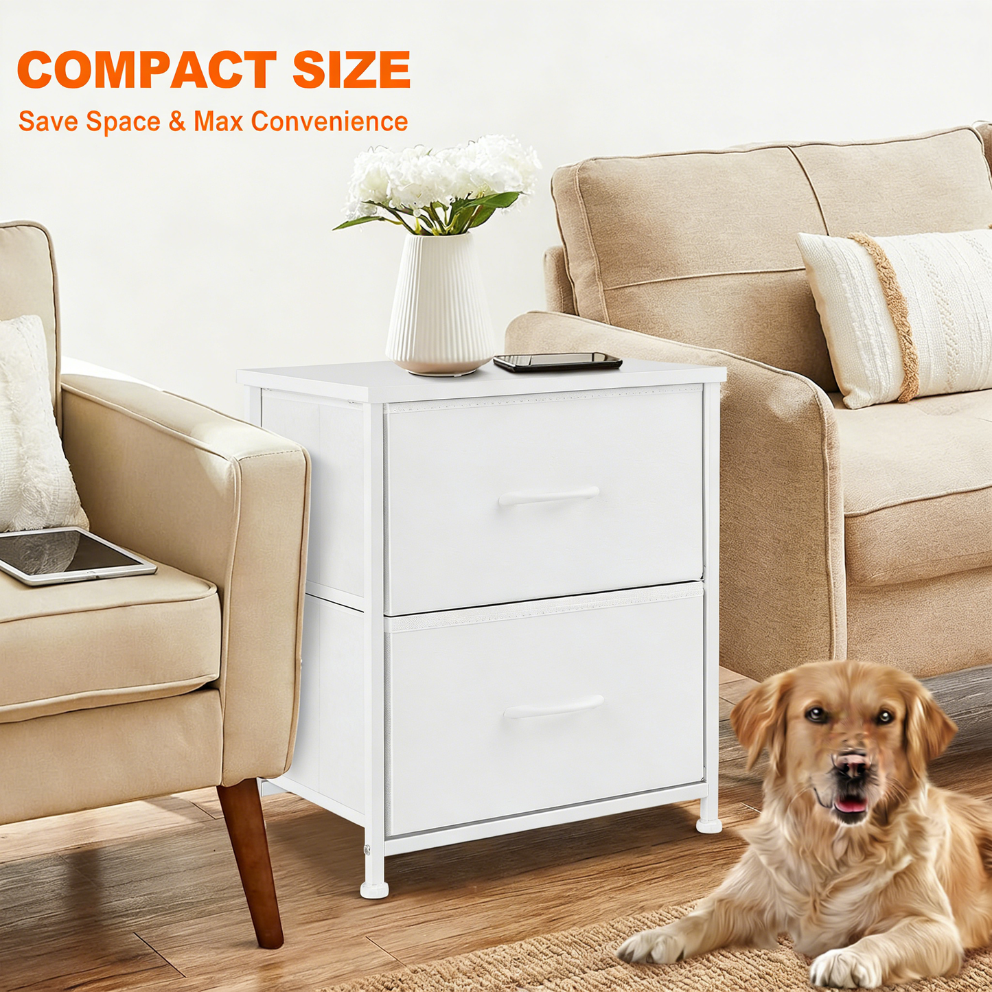 2-Drawer Fabric Storage Nightstand with Adjustable Feet & Waterproof Surface