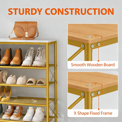 6-Tier Gold Metal Shoe Rack with Wooden Top for Entryway