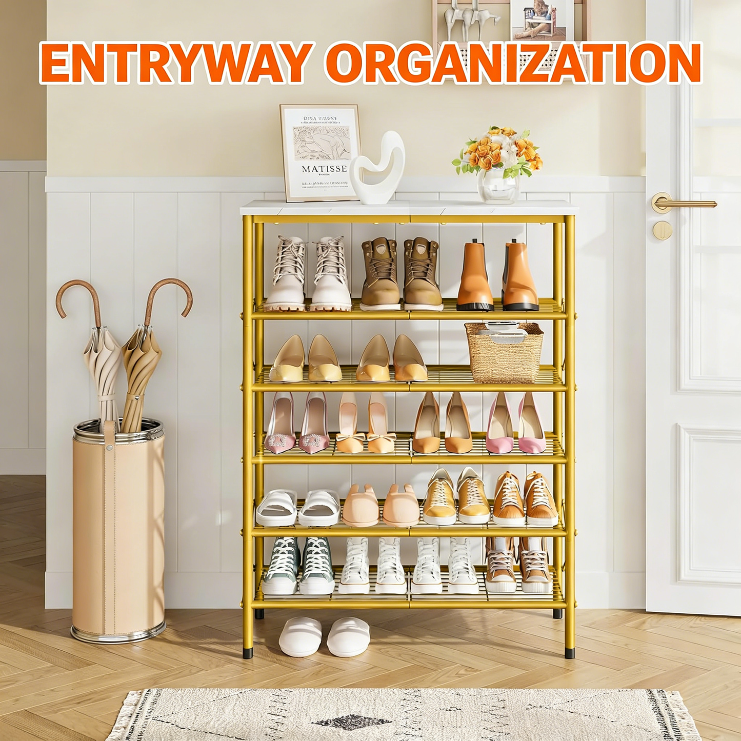 6-Tier Gold Metal Shoe Rack with Wooden Top for Entryway