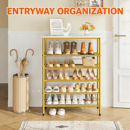 6-Tier Gold Metal Shoe Rack with Wooden Top for Entryway