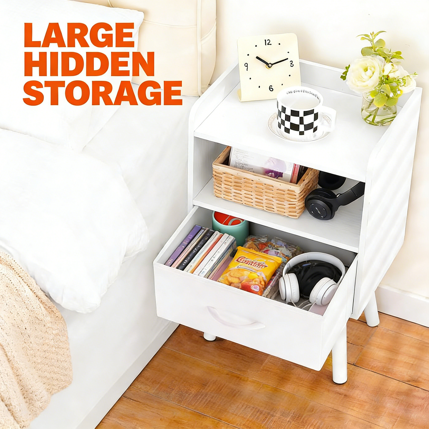 Modern Minimalist White Nightstand with Drawer & Open Shelves