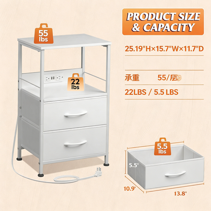 LED Nightstand with Wireless Charging & Power Outlets – 2 Fabric Drawers