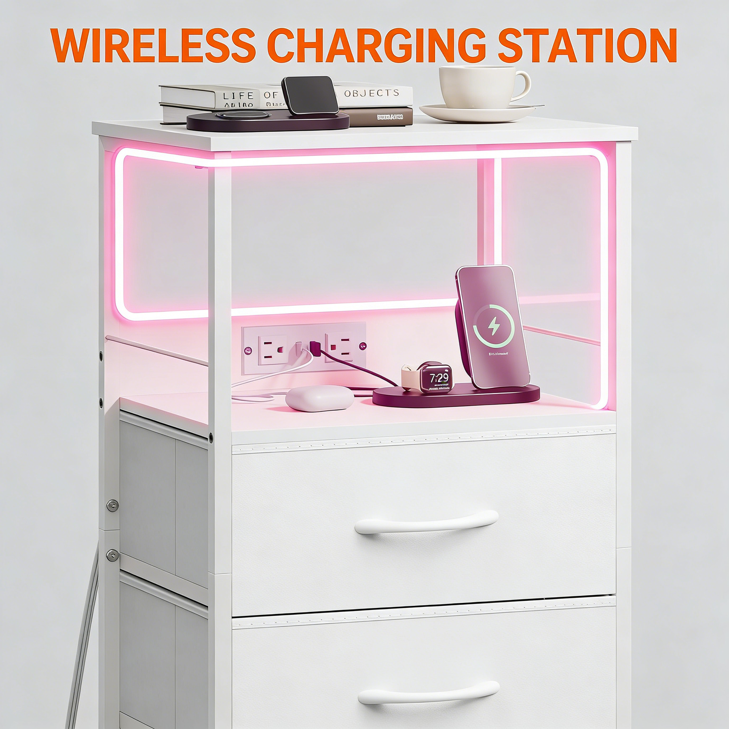 LED Nightstand with Wireless Charging & Power Outlets – 2 Fabric Drawers