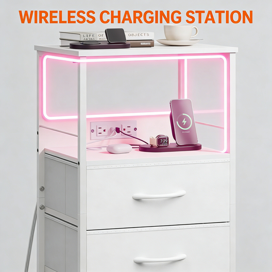 LED Nightstand with Wireless Charging & Power Outlets – 2 Fabric Drawers