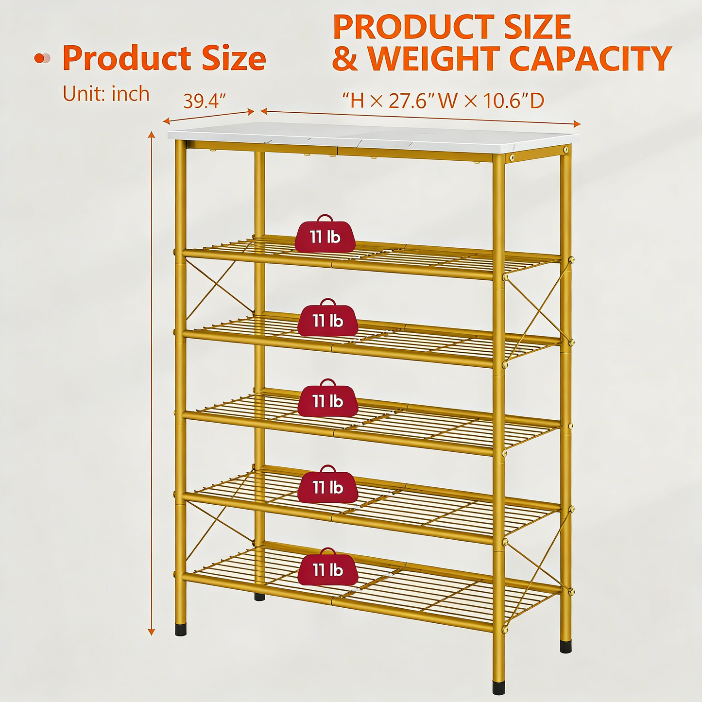 6-Tier Gold Metal Shoe Rack with Wooden Top for Entryway