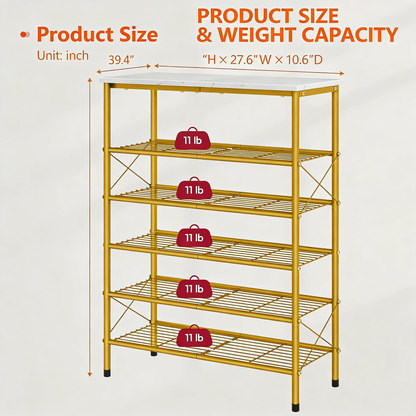 6-Tier Gold Metal Shoe Rack with Wooden Top for Entryway