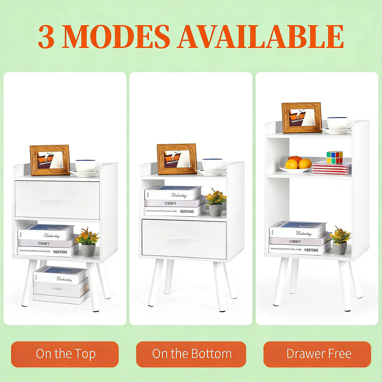 Modern Minimalist White Nightstand with Drawer & Open Shelves