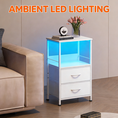 LED Nightstand with Wireless Charging & Power Outlets – 2 Fabric Drawers