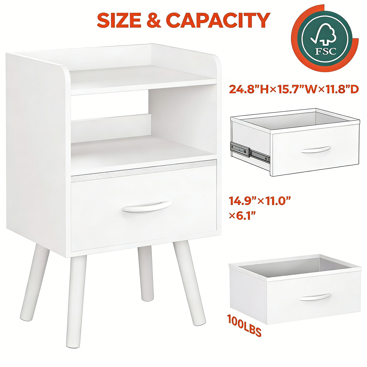 Modern Minimalist White Nightstand with Drawer & Open Shelves
