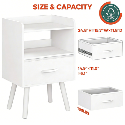 Modern Minimalist White Nightstand with Drawer & Open Shelves
