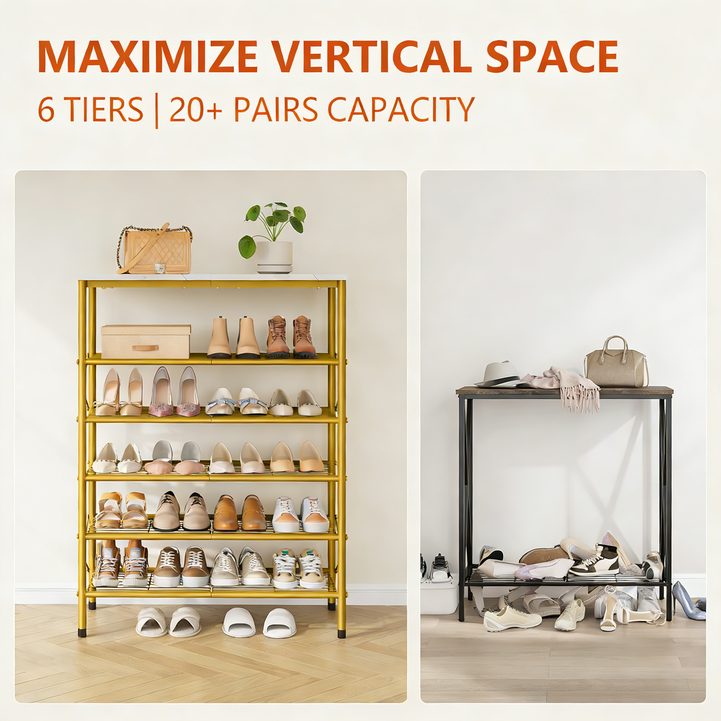 6-Tier Gold Metal Shoe Rack with Wooden Top for Entryway
