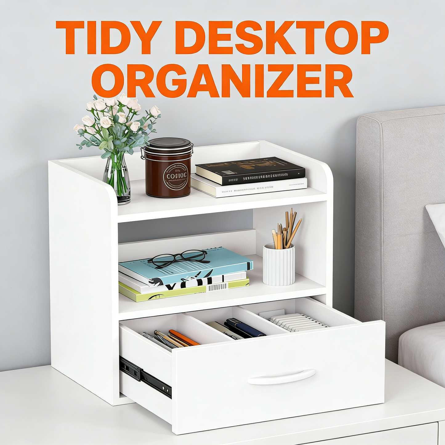 Modern Minimalist White Nightstand with Drawer & Open Shelves