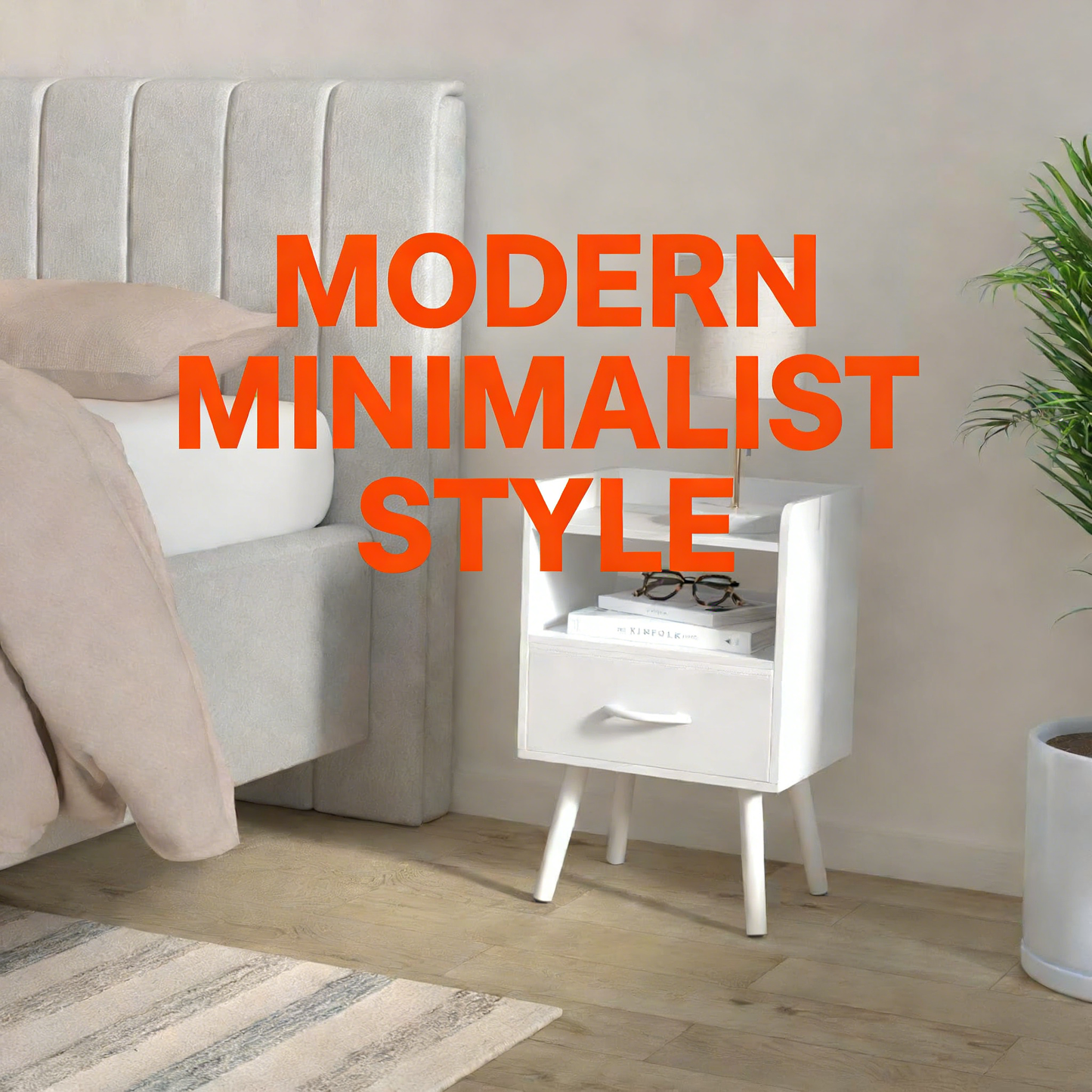 Modern Minimalist White Nightstand with Drawer & Open Shelves